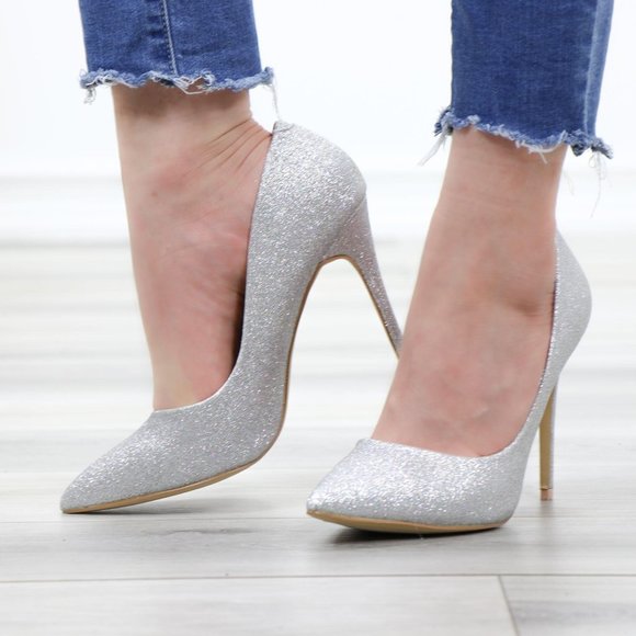 Shoes - Pointed Silver Glitter Shimmery Dressy Party High Heels